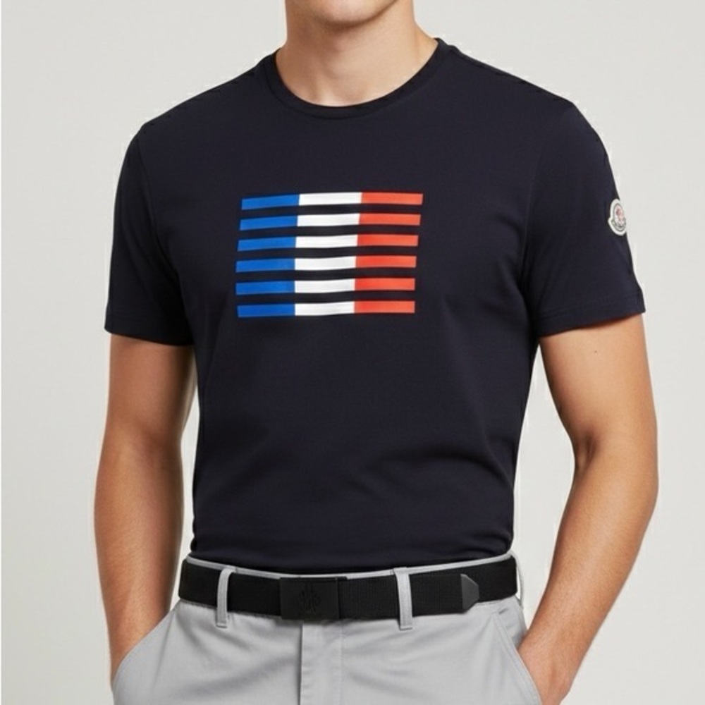 MONCLER Maglia Tricolor Flag Logo T-Shirt Navy
